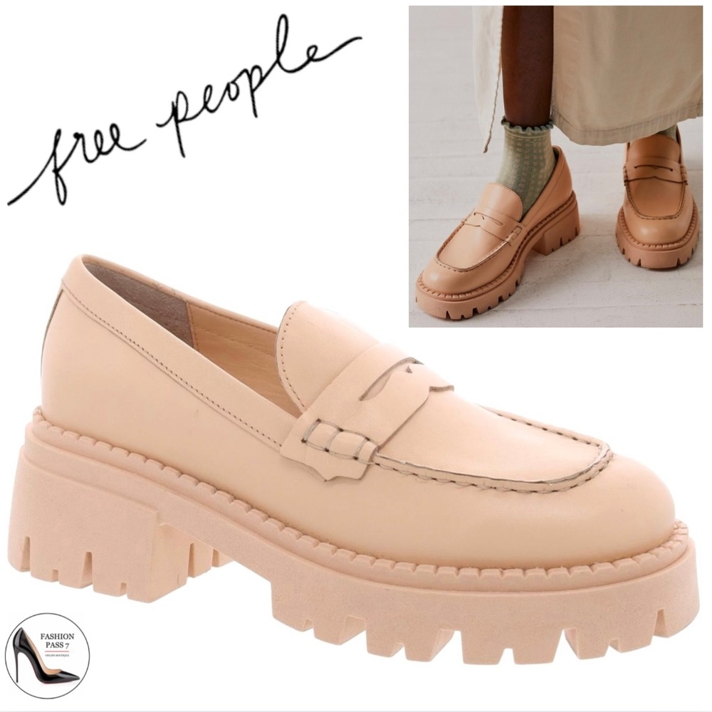 Free People Lyra Lug Sole Leather Loafers Beige Platform Shoes Chunky Block Heel
